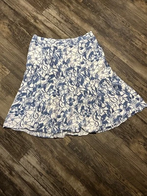 JM Collections 100% Linen Blue White Midi Trumpet Skirt 16W Floral Women’s - Image 1 of 4