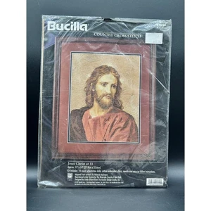 VTG Bucilla Cross Stitch Kit Jesus Christ at 33 Religious Sampler 11"x14" Sealed - Picture 1 of 5