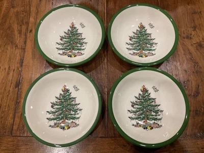 SPODE CHRISTMAS BOWLS  SET X 4 SPECIAL EDITION GREEN TRIM NEW ENGLAND 16cm - Image 1 of 4