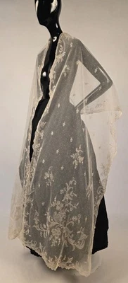 VICTORIAN 19TH C HAND MADE LACE LONG STOLE W RICH FLORAL DESIGNS FOR DRESS - Image 1 of 4
