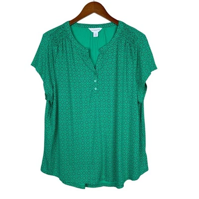 Liz Claiborne Blouse Top Short Sleeve Green Blue Polka Dot Women's XXL 2XL - Image 1 of 4