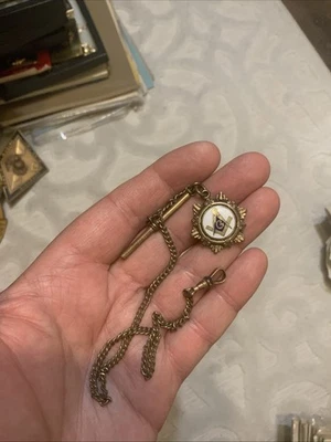 Antique RARE  Pocket Watch Chain 11” w/ Masonic Goodfellows GF & Enamel Fob - Image 1 of 4