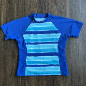 Lands End Blue Teal Girls Short Sleeve Rash Guard Striped ✅ Size Medium 10-12 - Picture 1 of 10