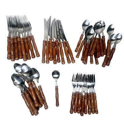 Vintage Old Homestead 1970's Silverware Flatware 49 Pieces Brown Wood Handle MCM - Image 1 of 4