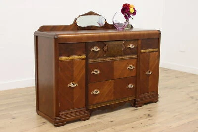 Art Deco Vintage Waterfall Walnut Sideboard Buffet, Mirror #51690 - Image 1 of 4