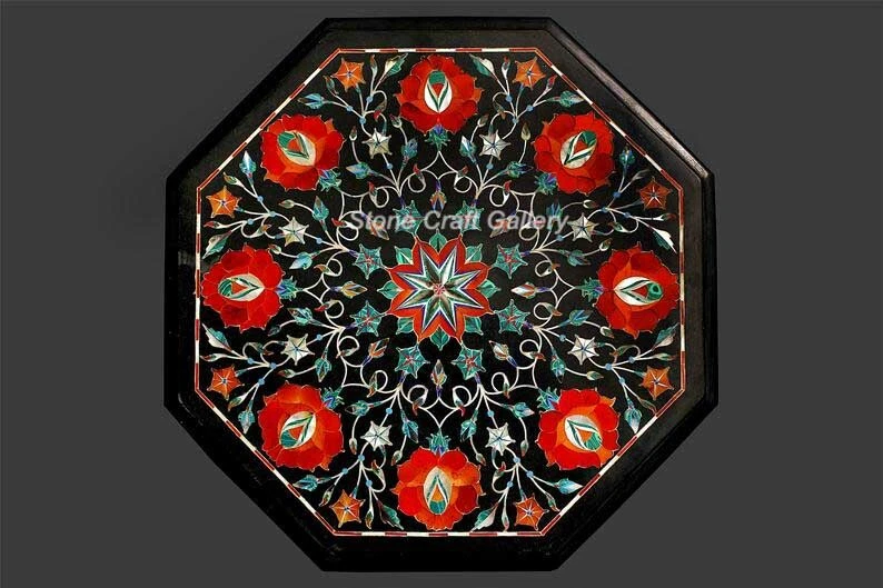 15" Marble Corner Table Top Semi precious stones Inaly Handmade work Home Decor - Image 1 of 1