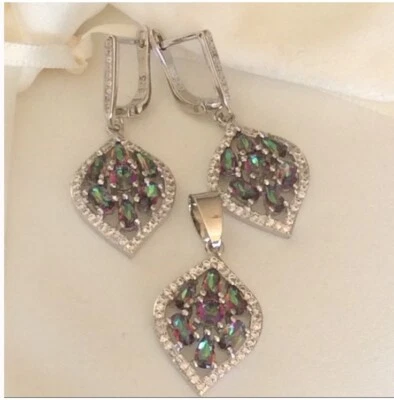 Conjunto de pendientes colgantes de plata esterlina arco iris topacio místico circonita cúbica blanca nuevos 8 gm Foto 1 de 4