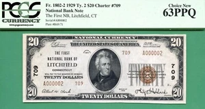 SUPER LOW SERIAL A000002  1929 $20 NBN - FIRST NB LITCHFIELD CT - PCGS CU 63 PPQ - Picture 1 of 2