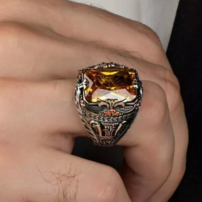 925 Sterling Silver Citrine Yellow Gemstone Men's Ring Turkish Handmade Jewelry - Image 1 of 4