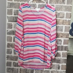 ❤Everly Grey Sheer Pink Striped Top, Size M - Picture 1 of 4