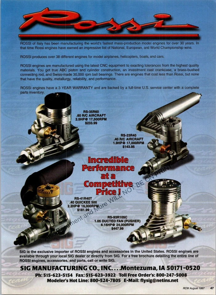 Rossi RC Engines RS-35R60  Print Ad 1997 Wall Art Decor Ephemera Quickee 500 - Image 1 of 1