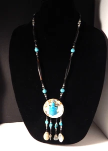 Vtg Native Turquoise Turtle Hematite Obsidian Abalone Shell Bead Necklace 27" - Picture 1 of 12