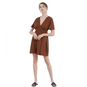 Lock and Love Women's Kimono Deep V-Neck Dress Short Sleeve Stretchy Rust Large - Picture 1 of 11