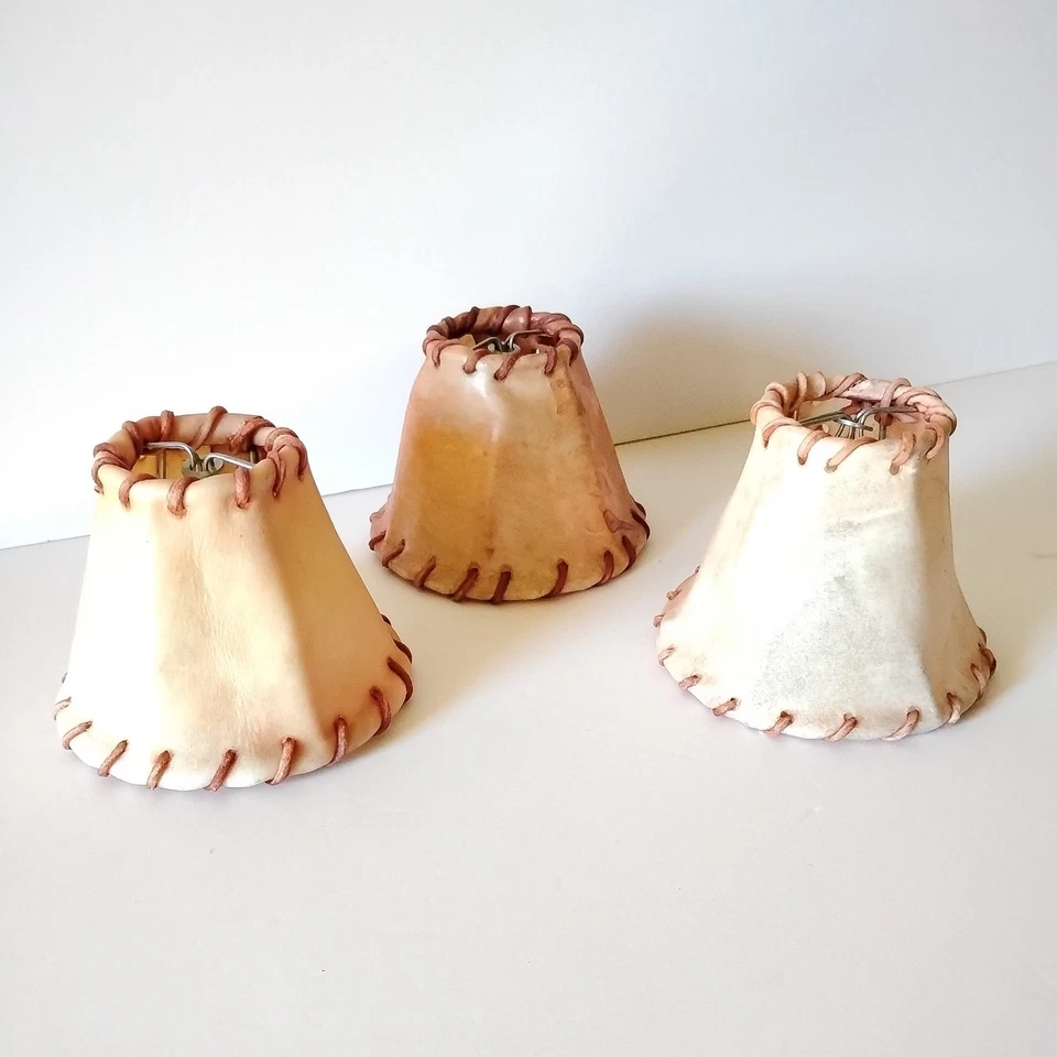 3 Vintage Rustic Rawhide Leather Stitch Sconce Chandelier with lamps clip  - Image 1 of 4