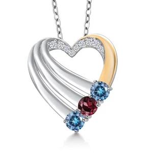 925 Silver and 10K Yellow Gold Persian Blue Moissanite and Rhodolite Garnet and - Picture 1 of 6