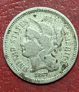 1867 Three 3 Cent Nickel. Free Shipping - Picture 1 of 2
