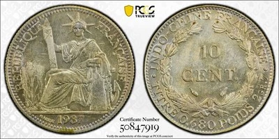 French Indo China silver 10 cents 1937 about uncirculated PCGS AU58 - Image 1 of 4