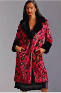 💕 ANTHROPOLOGIE MAEVE LEOPARD HOT PINK COLORBLOCK FAUX FUR COAT SZ SMALL  🐆 - Picture 1 of 5