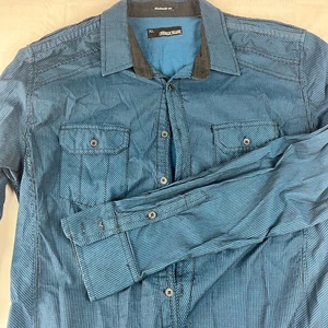 Camicia uomo nera fibbia XL blu a righe manica lunga con bottoni Y2K Rock - Foto 1 di 11