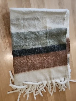 H&M Home 51" x 67" Cream Striped Wool Blend Soft Knit Fringe Trim Throw Blanket  - Image 1 of 4