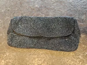 Black Beaded Clutch Purse Neiman Marcus Collection Satin Evening Cocktail Party - Picture 1 of 6