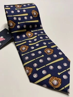 Alynn Neckwear Play Ball Baseball Bats Gloves Novelty Navy Silk Necktie NWT - Image 1 of 4