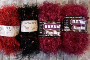 Lot Of 4 Novelty Yarns: 2 Bernat Bling bling, 2 Moda Dea Fur Ever - Picture 1 of 4