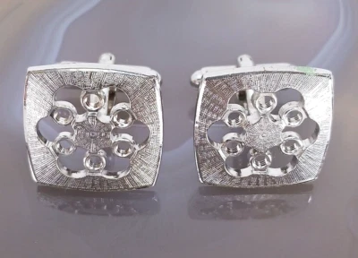 Vintage Anson Sterling Silver CUFFLINKS Brushed Design Snowflake Open Work - Image 1 of 4