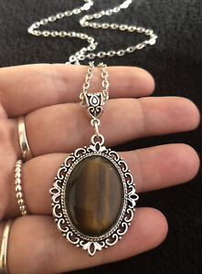 Tigers Eye Stone Cameo Necklace Pendant Charm 24” Chain Silver Native American