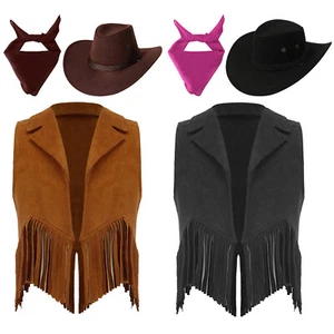 Girls Western Cowgirl Suede Fringe Vest with Hat Halloween Dress Up Costume Set - Picture 1 of 17