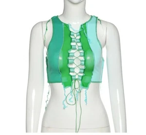 Nuevas mujeres Sexy Holes Cut -Out Tassel Crop Top Fashion Patchwork Mesh Slim - Imagen 1 de 13