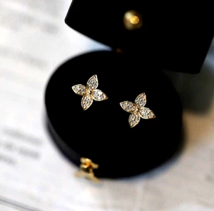 Trendy Gold Flower Clover Pave Cubic Zirconia Stud Earrings - Picture 1 of 2