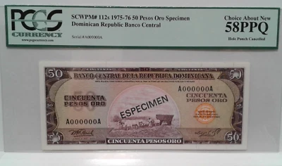 Dominican Republic 50 pesos Oro Especimen 1975-76 PCGS 58 Choise About New - Image 1 of 4