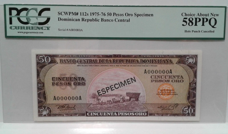 Dominican Republic 50 pesos Oro Especimen 1975-76 PCGS 58 Choise About New - Image 1 of 4