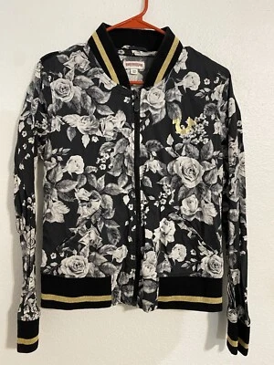 True Religion Womens Zip Up Bomber Jacket Gold Black White Floral Size M Roses - Image 1 of 4