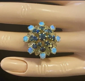 Anello personalizzato oro 14 kt opale zaffiro blu misura 6 - Foto 1 di 10