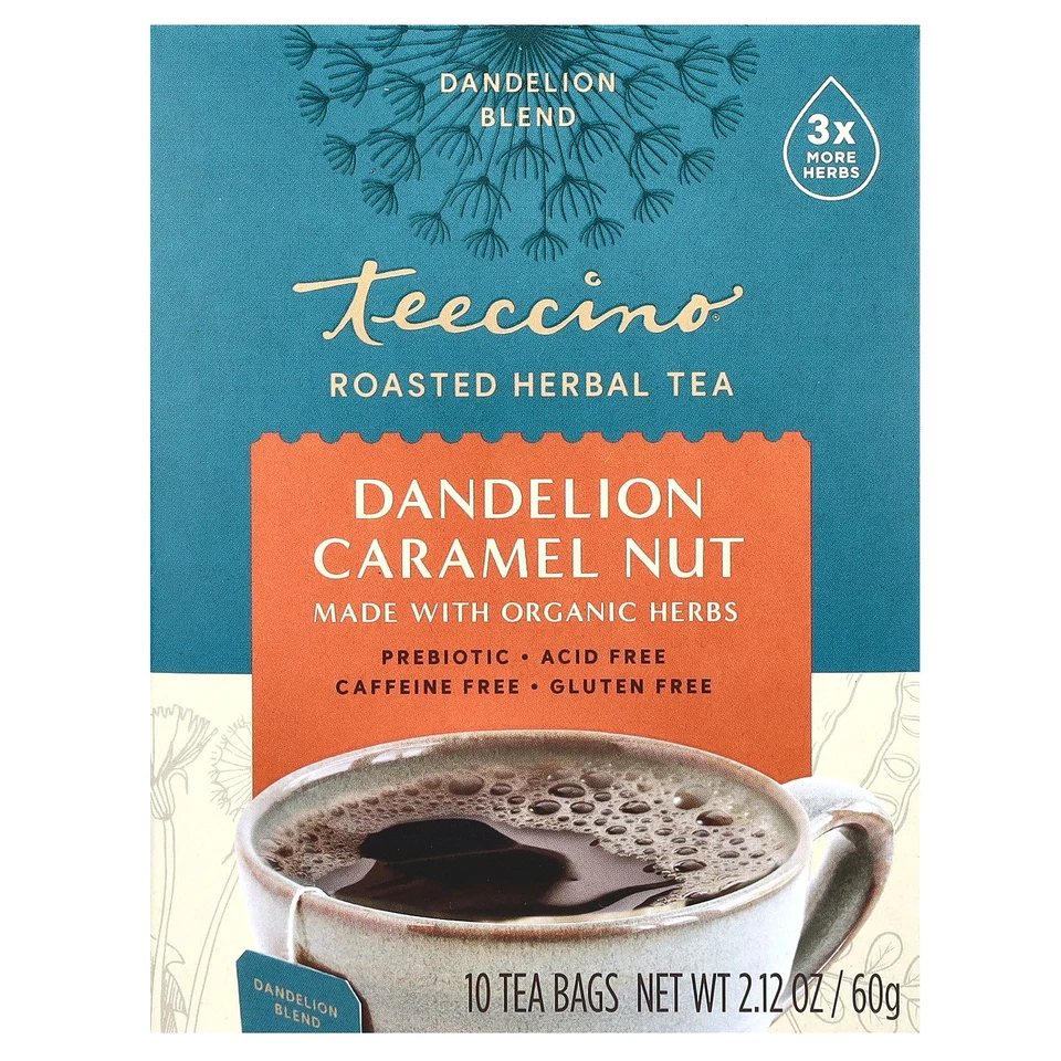 Teeccino Herbal Tea Dandelion Caramel Nut Gluten- 10 Count