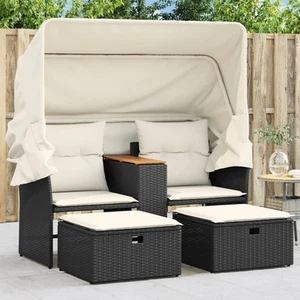 vidaXL Divano Giardino 2 Posti Baldacchino e Sgabelli Nero Polyrattan - Foto 1 di 11