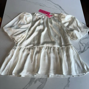Lilly Pulitzer Ivory Cream Satin Blakelynn Elbow Puff Sleeve Top Blouse Sz 6 NWT - Picture 1 of 14