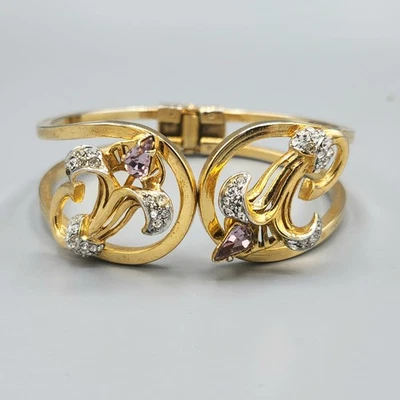 Brazalete pinza vintage sin firmar cristal pera púrpura estrás tono dorado 6,75" Foto 1 de 4