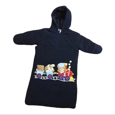 Miniwear Boys Bunting One Size 0-9 Months Navy Fleece Train Bear NEW - Image 1 of 4