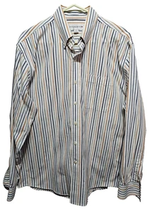 Cutter Buck ♈Mens LS Printed button up Shirt size L~sage/navy/gold stripe - Picture 1 of 4