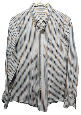 Cutter Buck ♈Mens LS Printed button up Shirt size L~sage/navy/gold stripe - Image 1 of 4