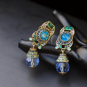 Ohrringe Clip On Golden Strass Türkis Perle aus Glas Facettiert Blau EH6 - Bild 1 von 10