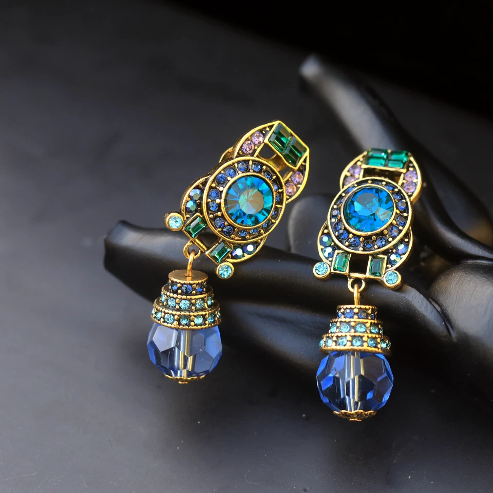 Ohrringe Clip On Golden Strass Türkis Perle aus Glas Facettiert Blau EH6 - Bild 1 von 4