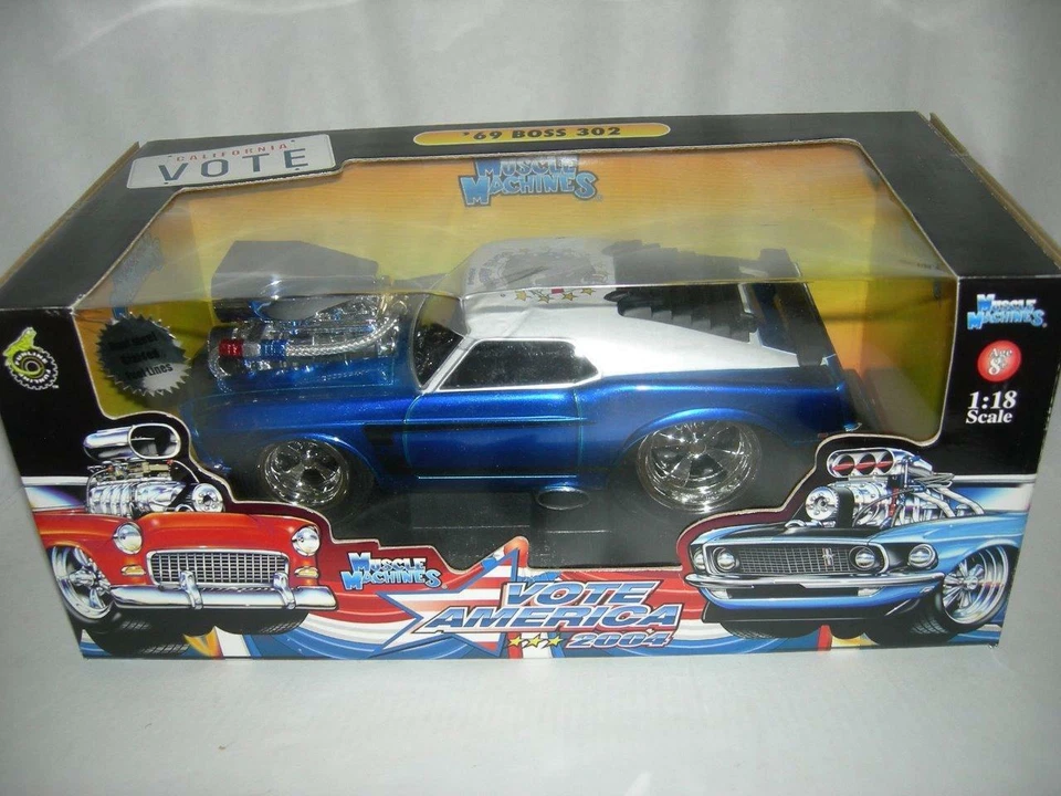 69 Boss 302 Mustang Blue Vote America  new in box 1:18 sc. Mus. Mach.. - Image 1 of 1