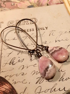 Genuine pink rhodochrosite earrings, antique brass, semi-precious stone teardrop - Picture 1 of 6