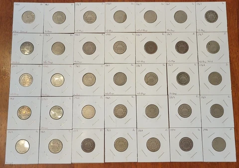 Lot of 35 pieces of Circulated Shield Nickels 1866 1867 1868 1869 1870 1882 Cover