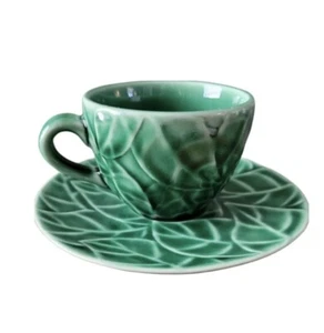 Pier 1 Jade Leaves Cup And Saucer Set Retired Green Stoneware Tea Cup - Picture 1 of 2