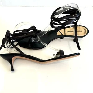Dolce &. Gabbana Kitten Heel Sandals Ankle Wrap Around Strap Black Leather Sz 42 - Picture 1 of 8
